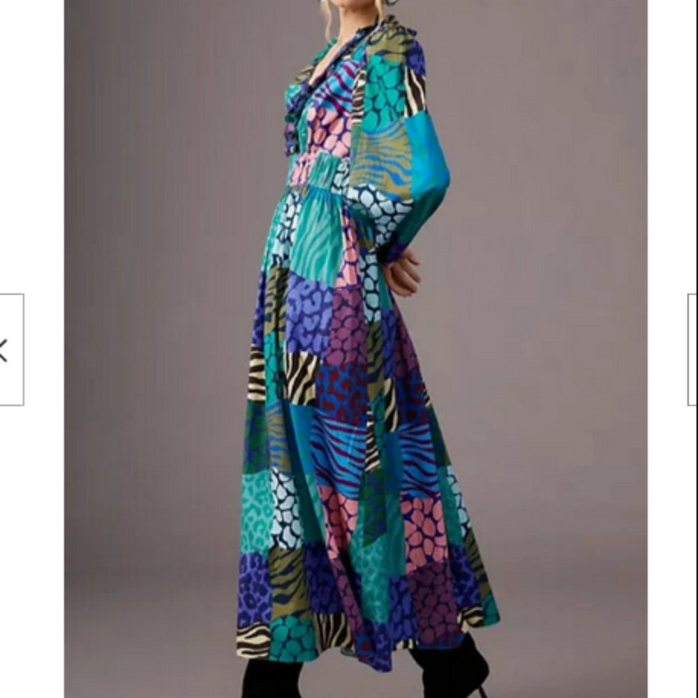 Anthropologie Geisha Designs M NWT Patchwork Maxi Dress Animal Print Long Sleeve - Picture 2 of 8